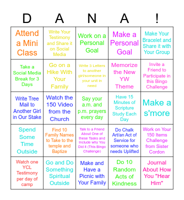Girls Camp Bingo Card