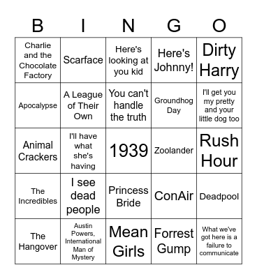 Movie Quote Bingo Card