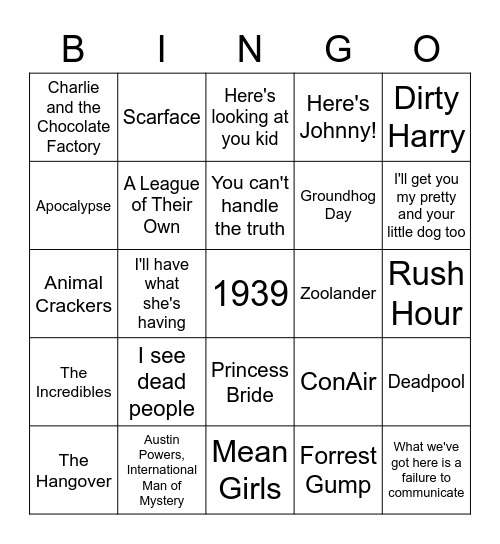 Movie Quote Bingo Card
