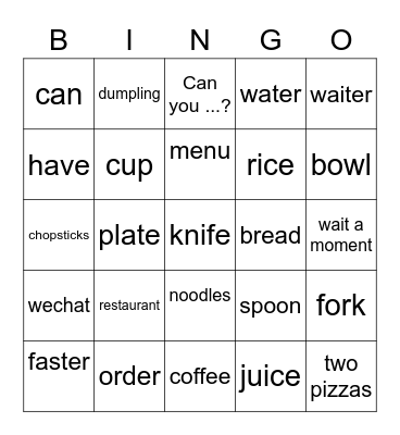 eating out Bingo Card
