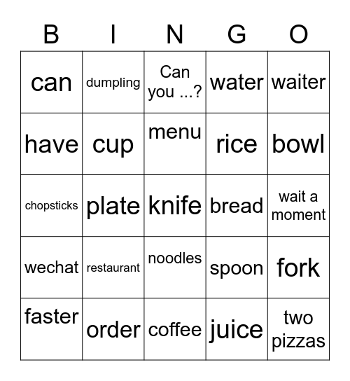 eating out Bingo Card