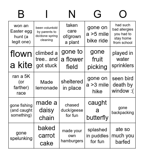 Spring activities: have you ever.. Bingo Card
