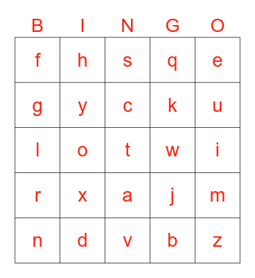 Lowercase Letters Bingo Card