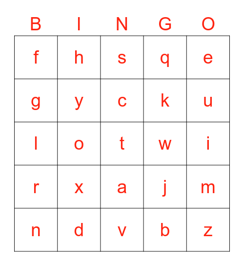 Lowercase Letters Bingo Card