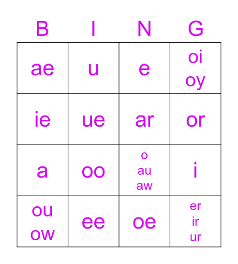 Vowel Town Bingo Card