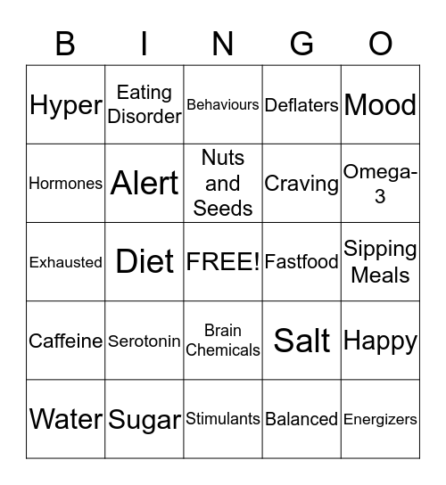 Food and Mood Bingo Card