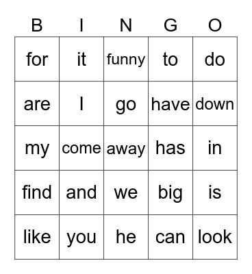Sight Word Bingo Card