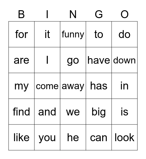 Sight Word Bingo Card