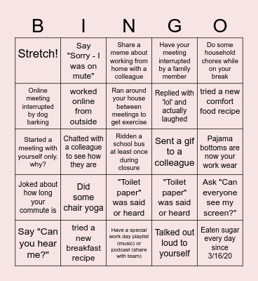 Remote Work Bingo Card