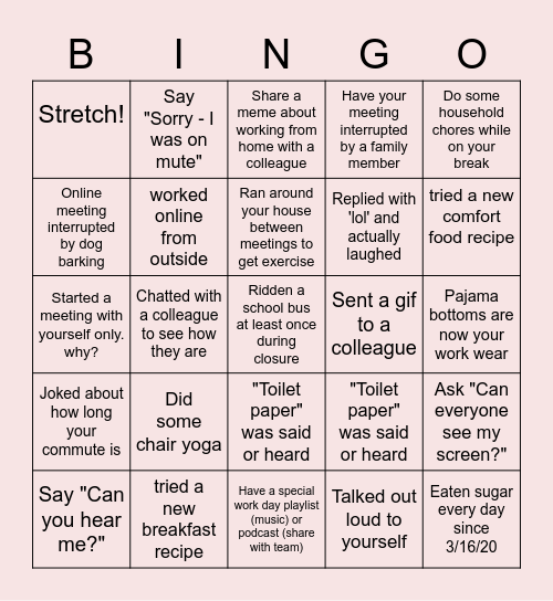Remote Work Bingo Card