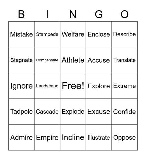 Vocabulary Bingo Card