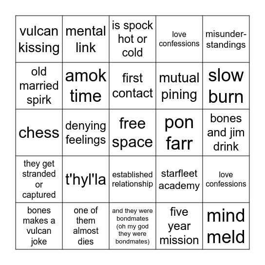 spirk fic bingo Card