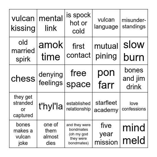 spirk fic bingo Card