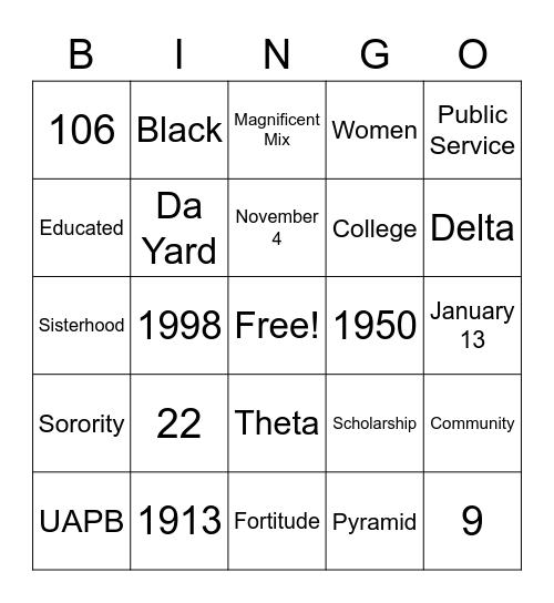 DST MM106 Bingo Card