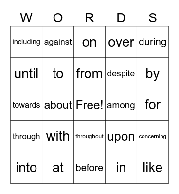 prepositional phrases Bingo Card