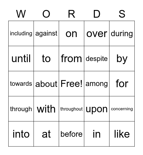 prepositional phrases Bingo Card