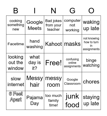 Remote Learning Bingo Card