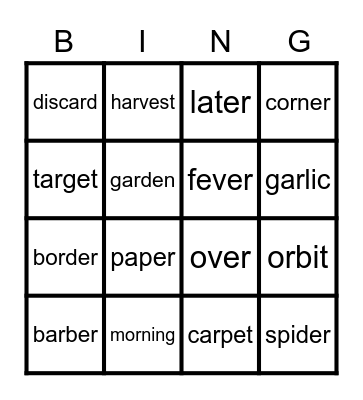 R-Controlled Syllables Bingo Card