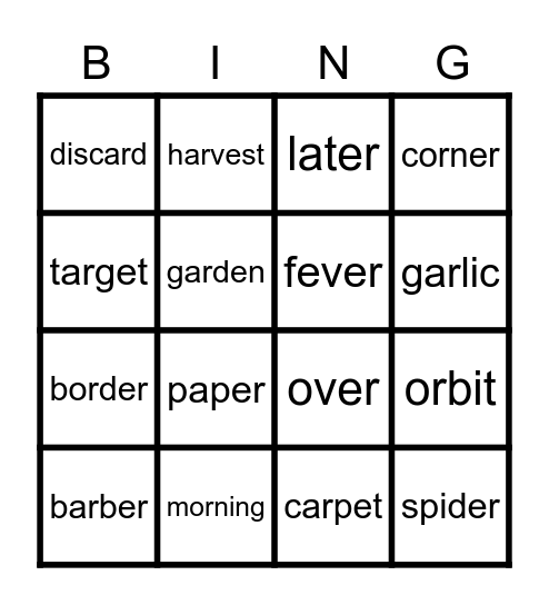 R-Controlled Syllables Bingo Card