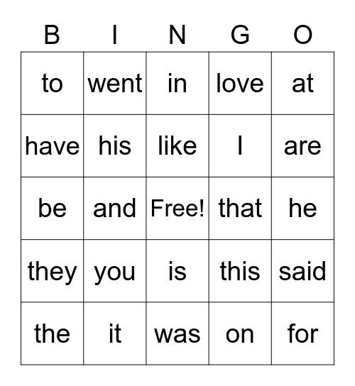 Sight Word Bingo Card