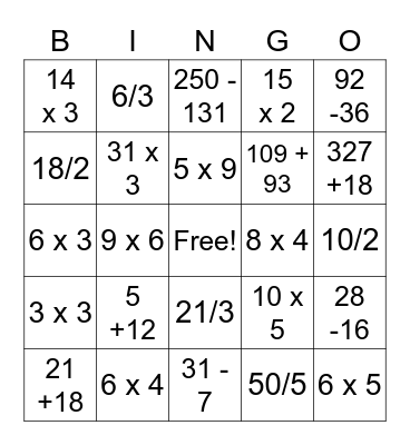 Pride Rock Math Bingo Card
