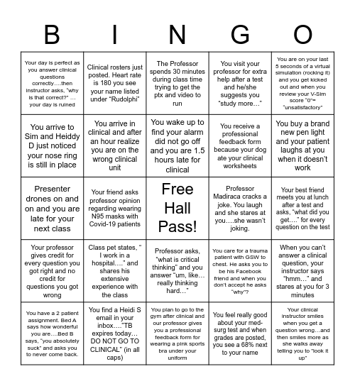 RUDOLPHI STUDENT NURSE BINGO Card