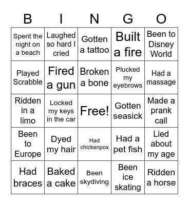 Never Have I Ever... Bingo Card