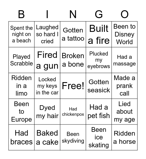 Never Have I Ever... Bingo Card