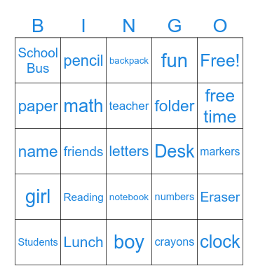 School Bingo Card