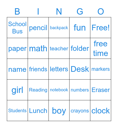 School Bingo Card