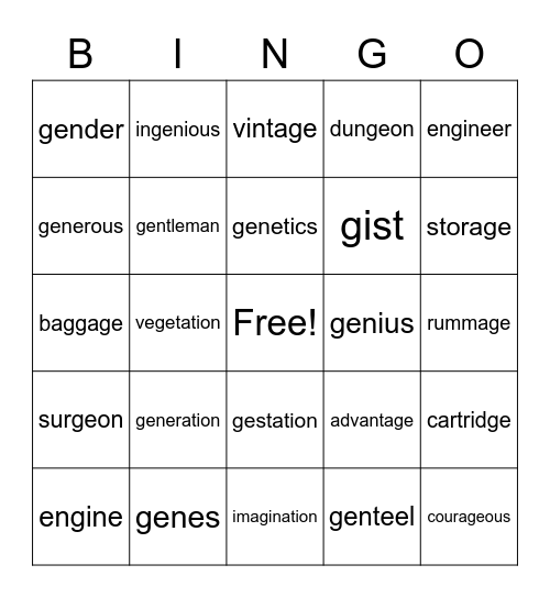 Soft G Bingo Card