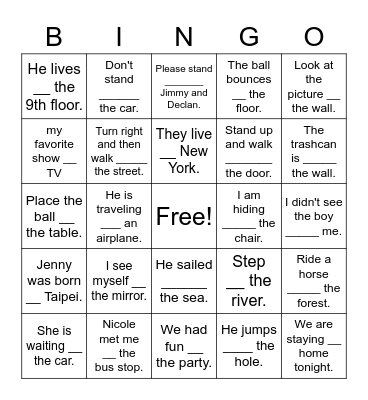 Prepositions of Place Bingo Card