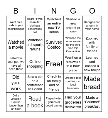 Quarantine BINGO Card