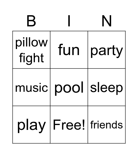 sleepover Bingo Card