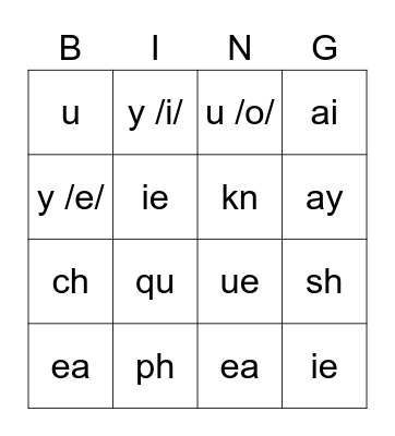 Phonics Bingo Card