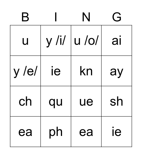 Phonics Bingo Card