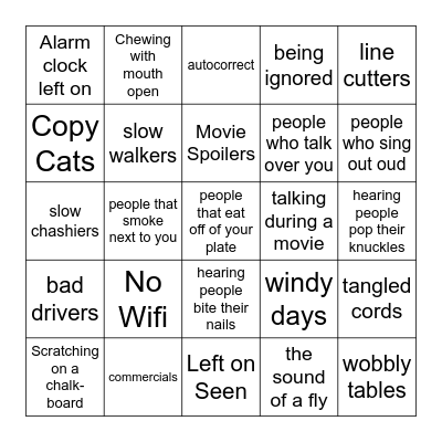 Pet Peeves Bingo Card