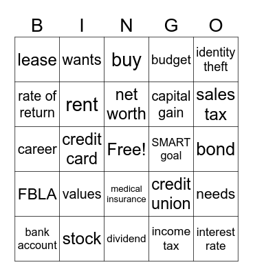 Personal Finance Bingo Card