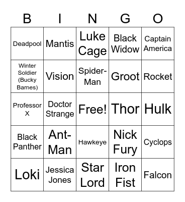 Marvel Superhero Bingo Card