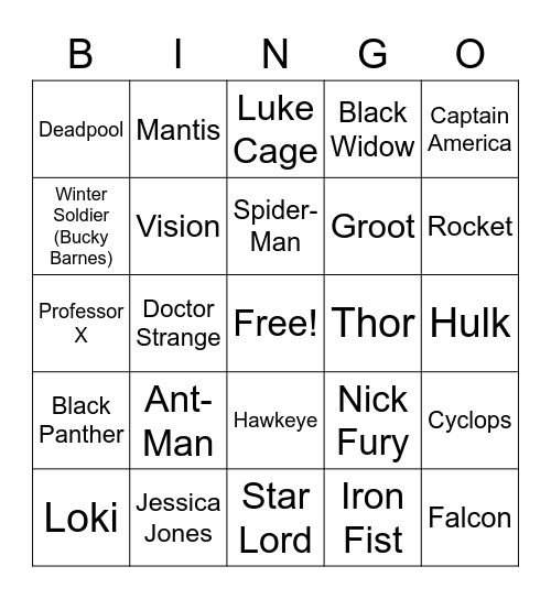 Marvel Superhero Bingo Card