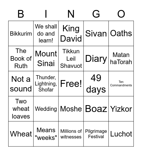 Shavuot Bingo Card