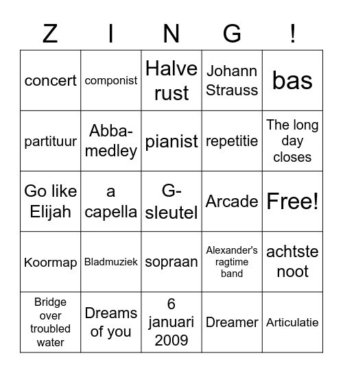 Muziekbingo BS Bingo Card