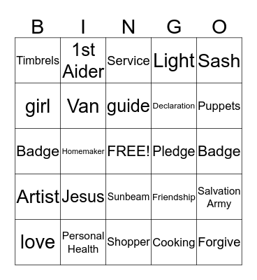 Sunbeams Bingo Card