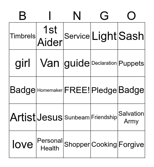 Sunbeams Bingo Card