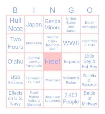 Pearl Harbor Bingo Card