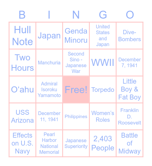 Pearl Harbor Bingo Card