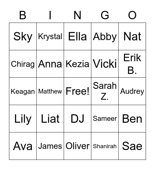 Senior Class Bingo Card