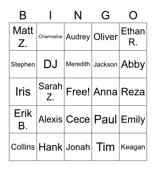 Senior Class Bingo Card