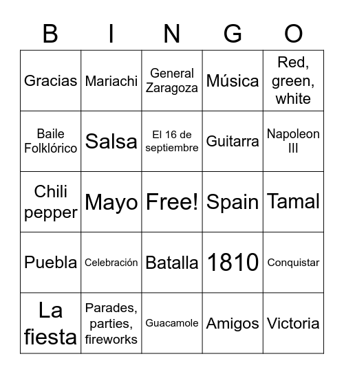 Cinco de Mayo Bingo Card