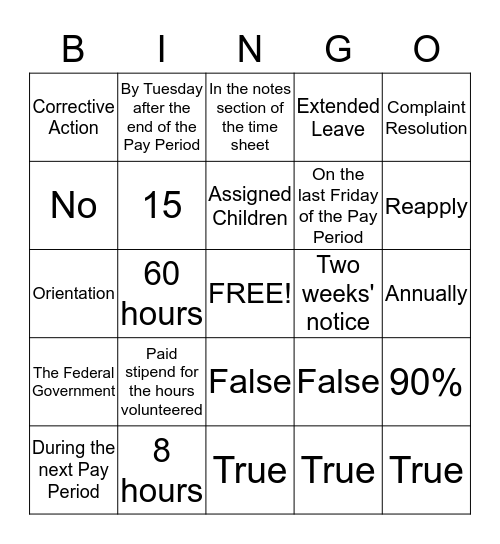 Foster Grandparent Handbook Bingo Card